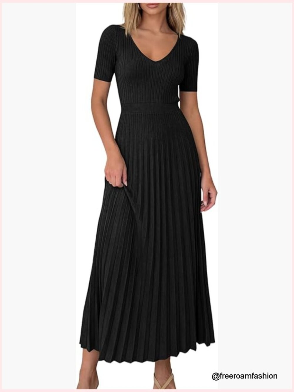 Midi Sweater Dress V-Neck Pleated Ribbed Knit Short Sleeve A-Line